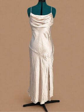 Champagne Satin Cowl Neck Slip Dress Asymmetrical Hem Side Slit Formal Gown